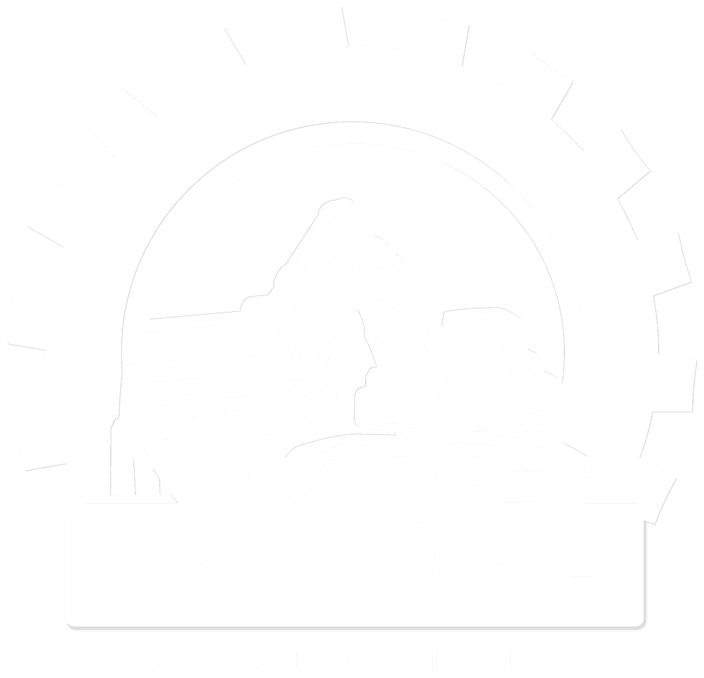 New Era Demolition Inc. logo with excavator and gear symbol.