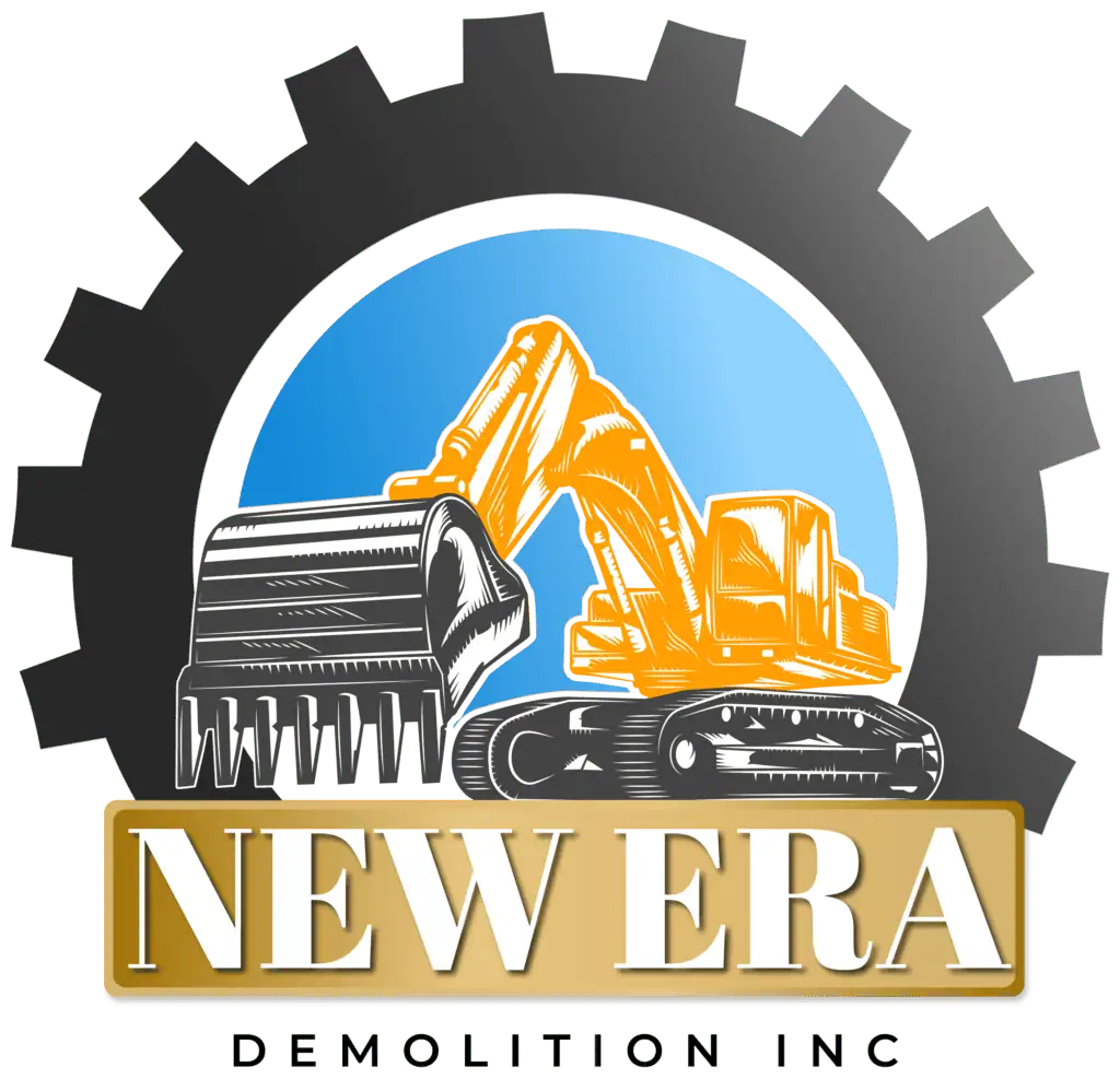 New Era Demolition Inc. logo with excavator and demolition equipment.